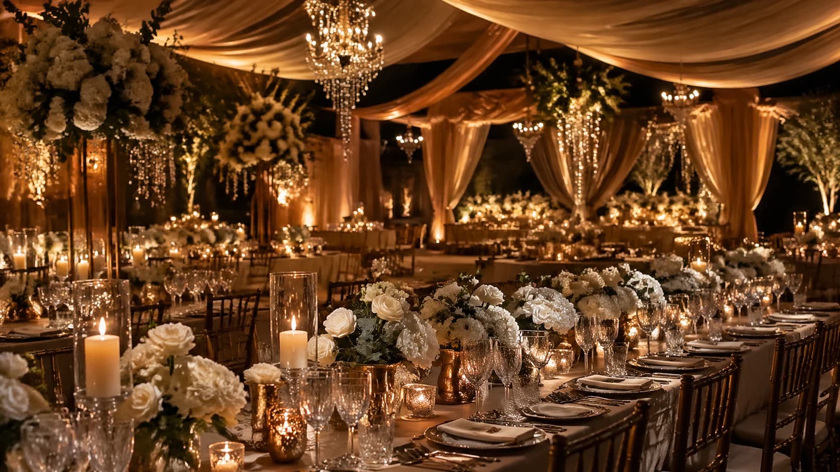 Luxury candlelit banquet setup for an evening celebration
